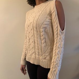 Cream knit sweater with open shoulders